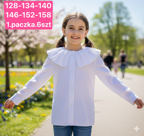 Koszule dziewczęce Roz 128-158, 1 kolor Paczka 6 szt